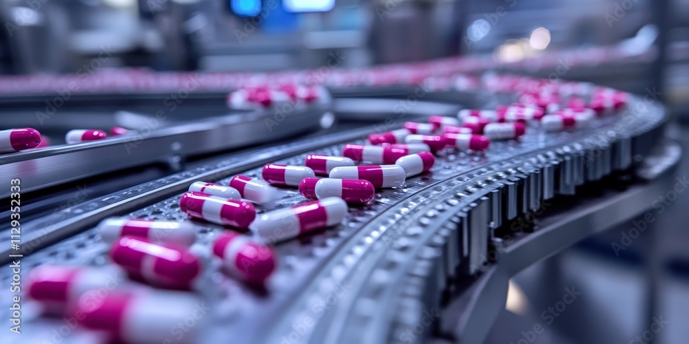 Pharmaceutical capsules on production conveyor Pharmaceutical capsules on production conveyor
