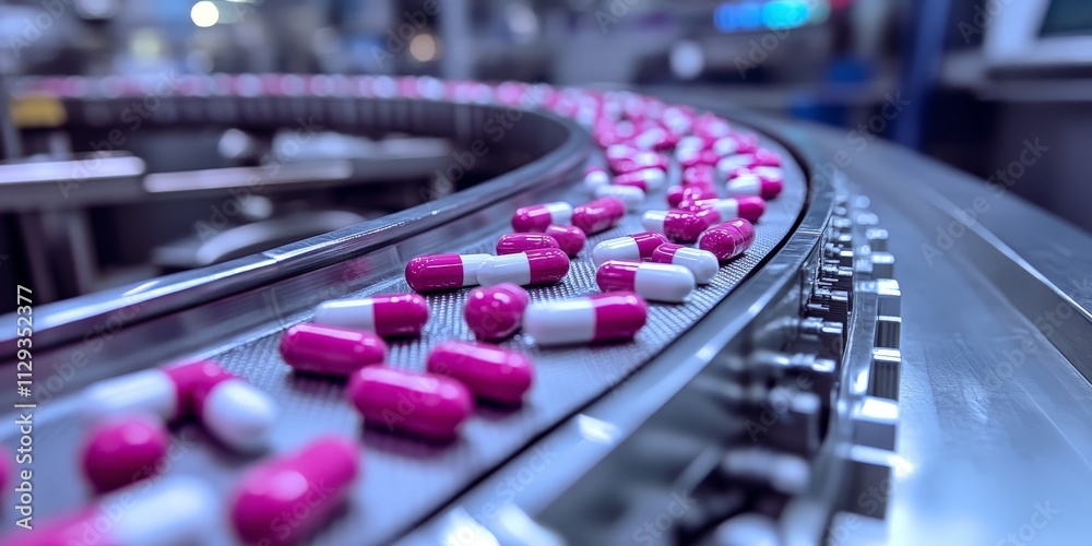 Pharmaceutical capsules on production conveyor Pharmaceutical capsules on production conveyor