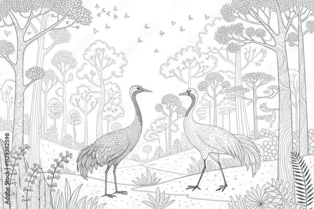 Fototapeta premium Coloring page Two Cranes in the forest