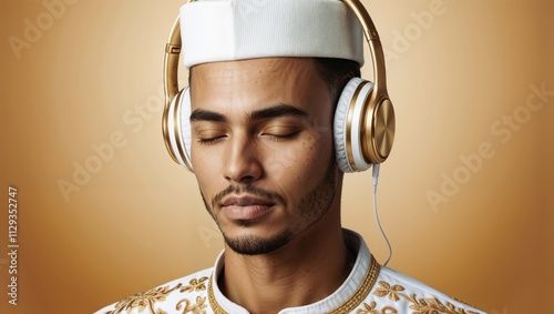 Arabian man listening with headphones on a brown background. photo