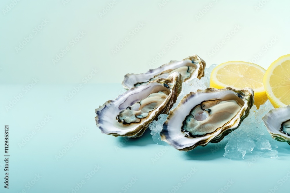 Freshly harvested oysters served chilled on ice with a squeeze of lemon, perfect for appetizers or seafood dishes Freshly harvested oysters served chilled on ice with a squeeze of lemon, perfect for appetizers or seafood dishes