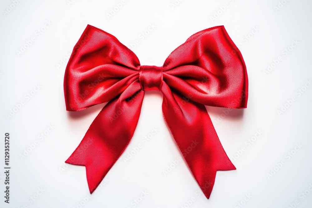 A small red bow sitting alone on a white surface A small red bow sitting alone on a white surface