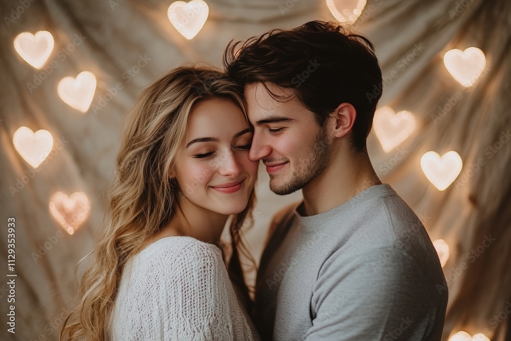 A couple embraces tenderly in front of a heart-shaped wall, symbolizing love and connection on Valentine's Day. A couple embraces tenderly in front of a heart-shaped wall, symbolizing love and connection on Valentine's Day.