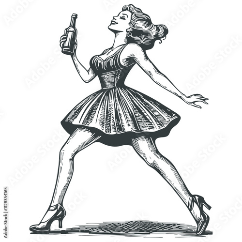 Woman with a bottle of wine, engraving style, vector illustration.