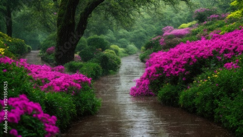 flowerbeds with pink flowers between trees in the park during the rain photo