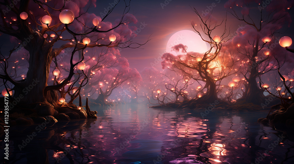 Fototapeta premium Fantasy landscape with glowing trees and serene water reflecting a magical sunset, copy space