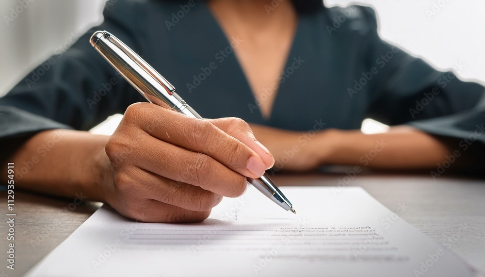 A close up view of a person holding a pen while signing a contract or document; up and close of the signature pen held by a person signing a contract; document and contract; office photography; focus A close up view of a person holding a pen while signing a contract or document; up and close of the signature pen held by a person signing a contract; document and contract; office photography; focus
