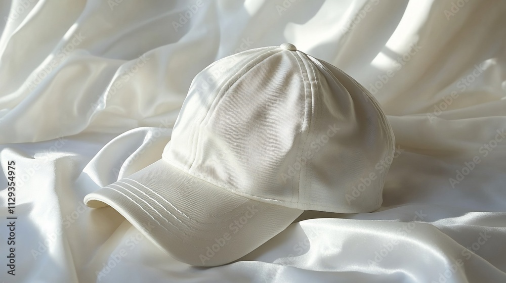 White baseball cap on silky fabric. White baseball cap on silky fabric.