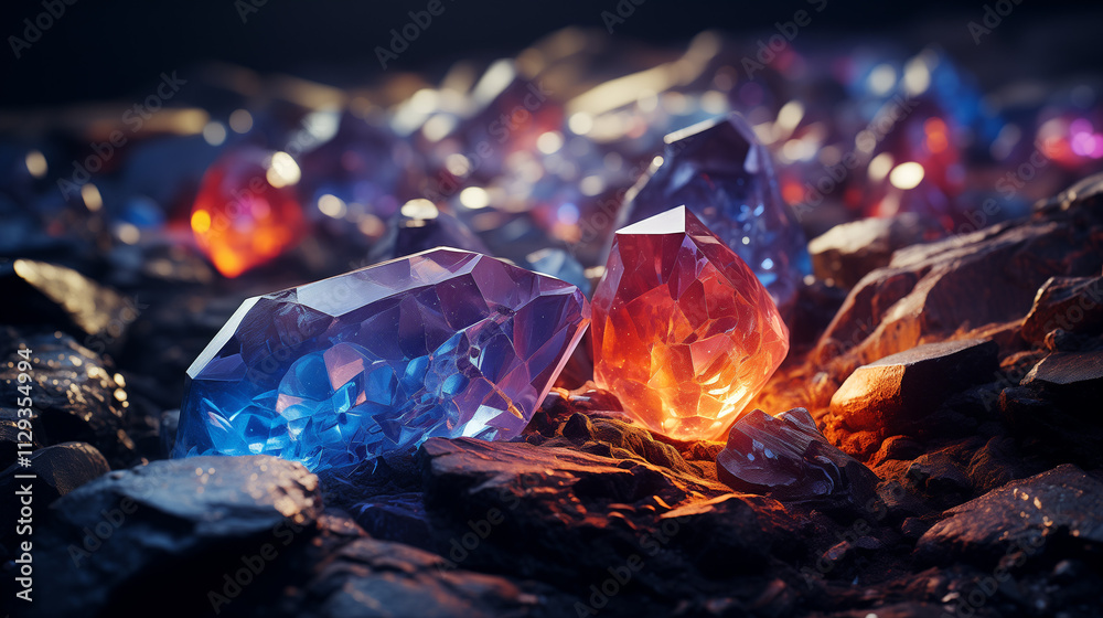 Precious gemstones print with vibrant colors and intricate details on a dark textured background, copy space Precious gemstones print with vibrant colors and intricate details on a dark textured background, copy space