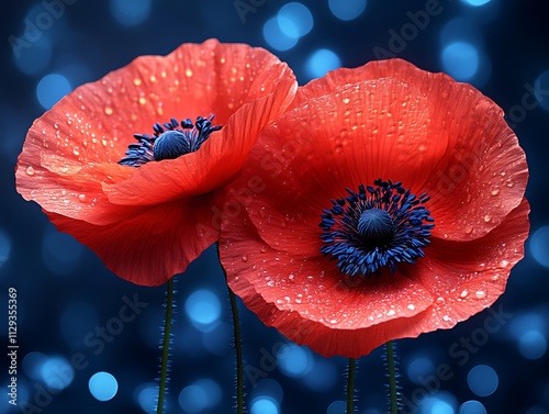 Two Dew Kissed Red Poppies Bloom Beautifully photo