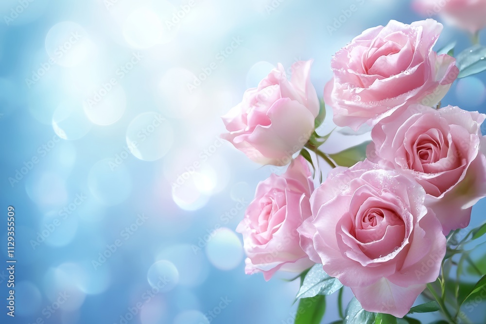 A beautiful arrangement of pink roses elegantly placed in a vase, set against a calming blue background, perfect for Valentine's Day celebrations. A beautiful arrangement of pink roses elegantly placed in a vase, set against a calming blue background, perfect for Valentine's Day celebrations.