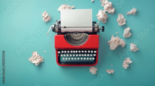 typewriter and crumpled paper on a light blue background, top view photo