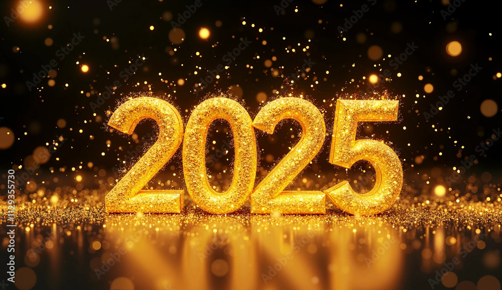 Shining golden 2025 number with glittering gold accents and lights on black background, perfect for New Year celebration and event designs Shining golden 2025 number with glittering gold accents and lights on black background, perfect for New Year celebration and event designs