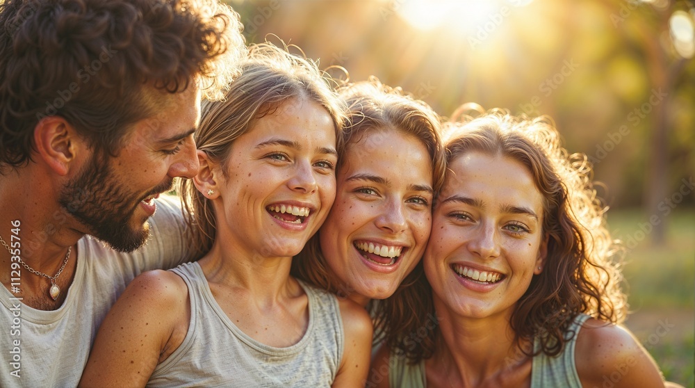 A cheerful family enjoying a sunny day outdoors, embodying joy, unity and diversity, perfect for promoting the leisure and lifestyle sectors. A cheerful family enjoying a sunny day outdoors, embodying joy, unity and diversity, perfect for promoting the leisure and lifestyle sectors.