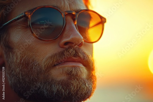 Portrait of a person enjoying the sunset with sunglasses on, suitable for use in travel or leisure related themes photo