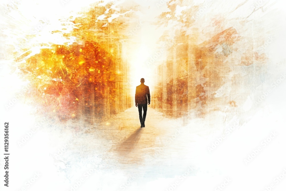 Person walks toward bright, textured, abstract corridor. Person walks toward bright, textured, abstract corridor.