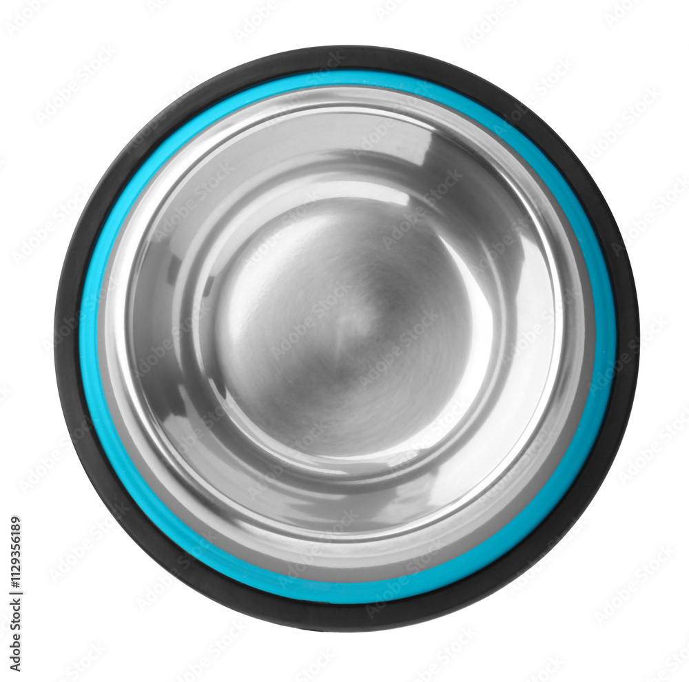 Empty feeding bowl for pet food isolated on white, top view Empty feeding bowl for pet food isolated on white, top view