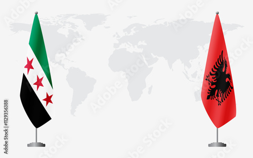 Syrian Revolution and Albania flags for official meeting against background of world map.