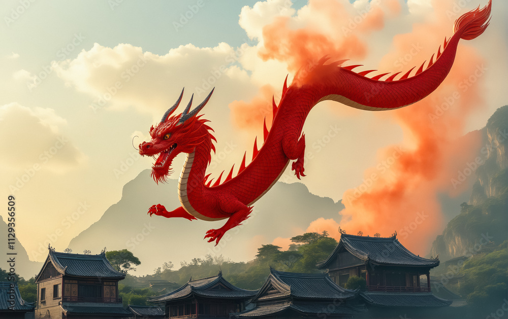 A majestic red dragon soaring over traditional Chinese rooftops, embodying mythical strength, power, and prosperity in a vibrant cultural landscape. A majestic red dragon soaring over traditional Chinese rooftops, embodying mythical strength, power, and prosperity in a vibrant cultural landscape.