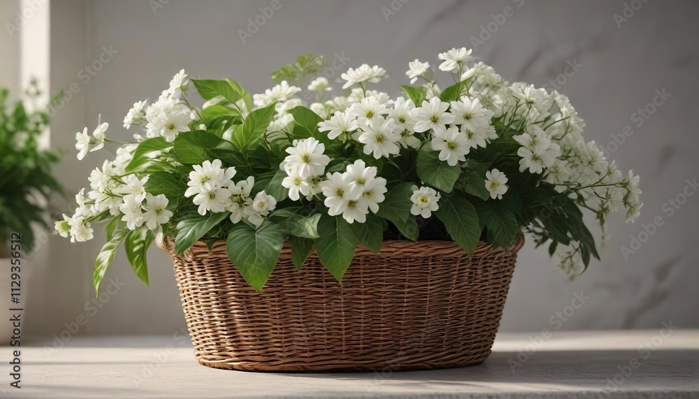 Obraz premium A stunning green leafy plant with elegant white flowers in a minimalist wicker basket, natural woven furniture , wicker baskets, plant arrangements