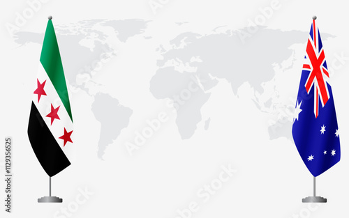 Syrian Revolution and Australia flags for official meeting against background of world map.