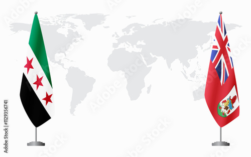 Syrian Revolution and Bermuda flags for official meeting against background of world map.