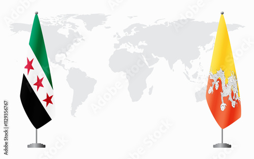 Syrian Revolution and Bhutan flags for official meeting against background of world map.