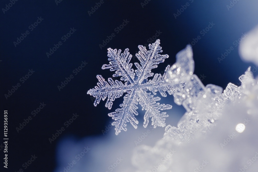 A detailed view of a single snowflake on a snowy surface, perfect for winter-themed designs and illustrations A detailed view of a single snowflake on a snowy surface, perfect for winter-themed designs and illustrations