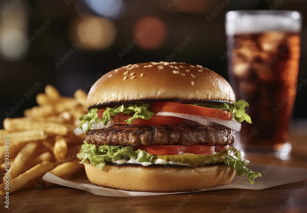 Juicy hamburger with fresh ingredients served with crispy fries and a cold beverage in a cozy restaurant setting, perfect for food lovers and casual dining enthusiasts.
