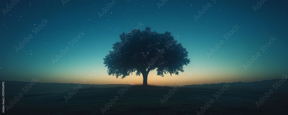 Majestic Solitary Tree Under a Starry Sky at Dusk, Generative AI Majestic Solitary Tree Under a Starry Sky at Dusk, Generative AI
