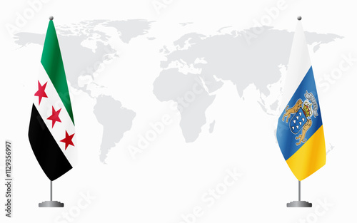 Syrian Revolution and Canary Islands flags for official meeting against background of world map.