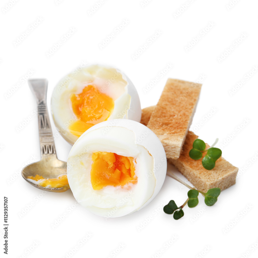 Fototapeta premium Soft boiled eggs, bread and spoon isolated on white