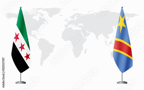 Syrian Revolution and Democratic Republic of Congo flags for official meeting against background of world map.