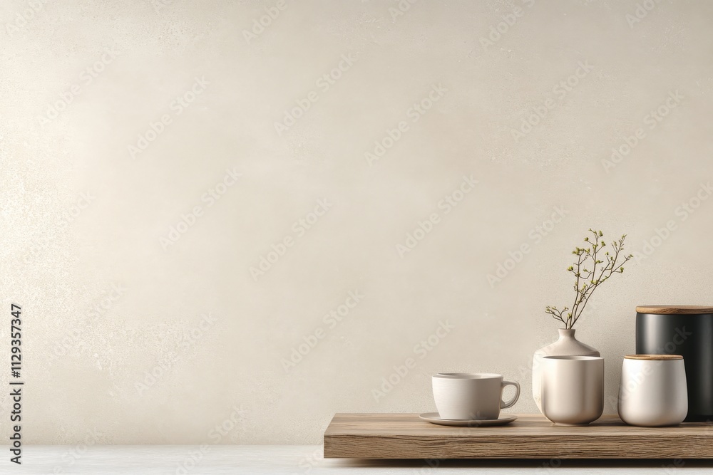 Modern kitchen counter with minimalist cups and wooden cutting board arranged neatly Modern kitchen counter with minimalist cups and wooden cutting board arranged neatly