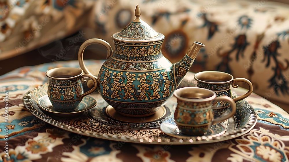 A beautifully decorated tea set for Suhoor, with intricate designs on the teapot and cups, and a decorative tray A beautifully decorated tea set for Suhoor, with intricate designs on the teapot and cups, and a decorative tray