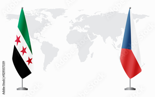 Syrian Revolution and Czech Republic flags for official meeting against background of world map.