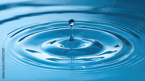 Water Droplet Creating Concentric Ripples on Surface, Central Reflection, Circular Pattern of Ripples, Serene Blue Color Palette, Calming and Peaceful Ambiance