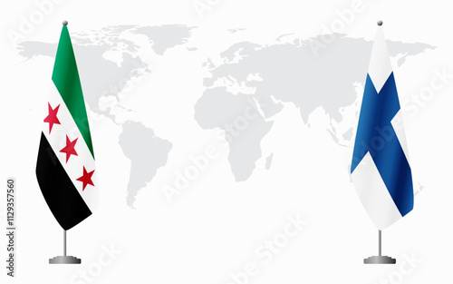Syrian Revolution and Finland flags for official meeting against background of world map.