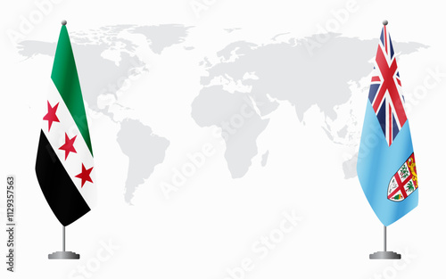 Syrian Revolution and Fiji flags for official meeting against background of world map.