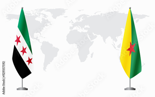 Syrian Revolution and French Guiana flags for official meeting against background of world map.