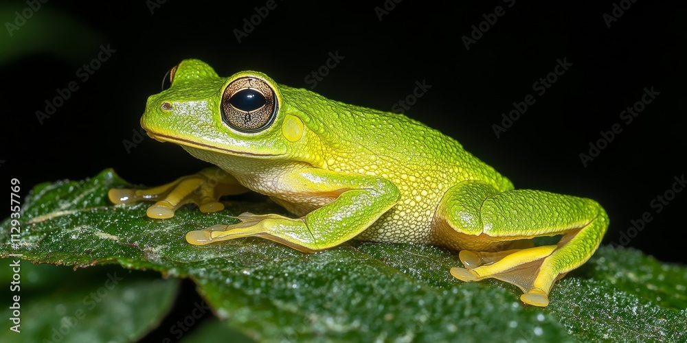 Lively Green Tree Frog Perched on a Leaf at Dawn, Generative AI Lively Green Tree Frog Perched on a Leaf at Dawn, Generative AI