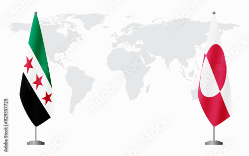 Syrian Revolution and Greenland flags for official meeting against background of world map.