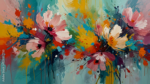 Springtime theme, banner, wall decoration, fluid abstract expressionism, blooming flowers, aesthetics, colorful, floral, inspirational, tenderness, illustration, oil painting, vibrant, nature, 