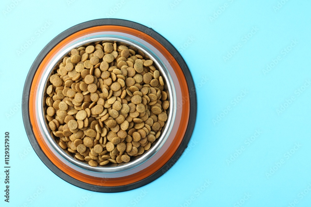 Dry pet food in feeding bowl on light blue background, top view. Space for text Dry pet food in feeding bowl on light blue background, top view. Space for text