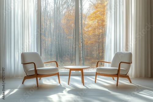 Bright and airy living space with comfortable chairs and greenery in the afternoon light