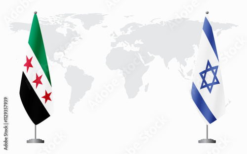 Syrian Revolution and Israel flags for official meeting against background of world map.