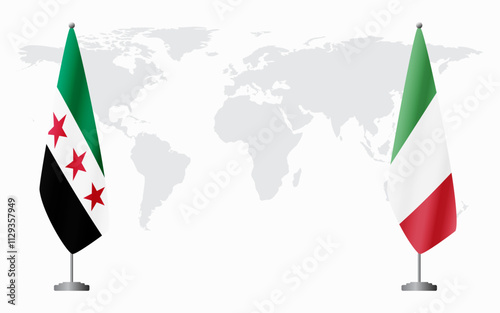 Syrian Revolution and Italy flags for official meeting against background of world map.