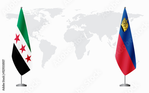 Syrian Revolution and Liechtenstein flags for official meeting against background of world map.