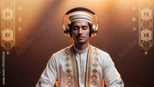 Attractive Asian Muslim man dressed in traditional attire while wearing headphones. photo