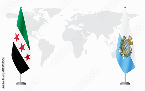 Syrian Revolution and San Marino flags for official meeting against background of world map.